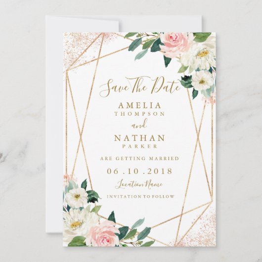 Geometrische Bloemen Blush Gold Wedding Save the D Kaart (Voorkant)