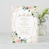 Geometrische Bloemen Blush Gold Wedding Save the D Kaart (Staand voorkant)