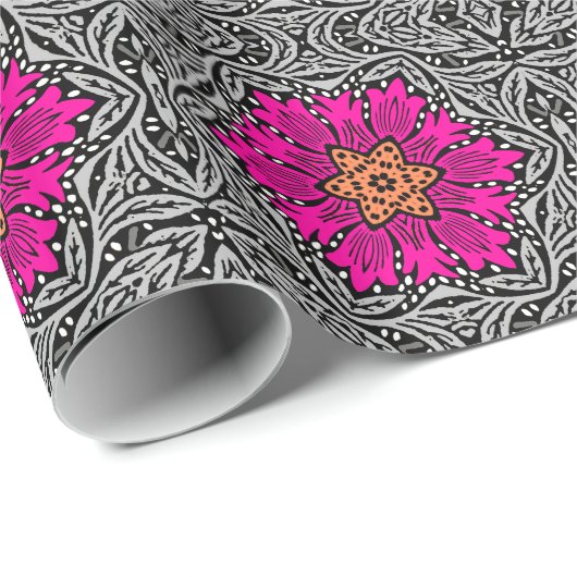 Geometrische bloemen - Fuchsia Pink en Grey Cadeaupapier (Rol Hoek)