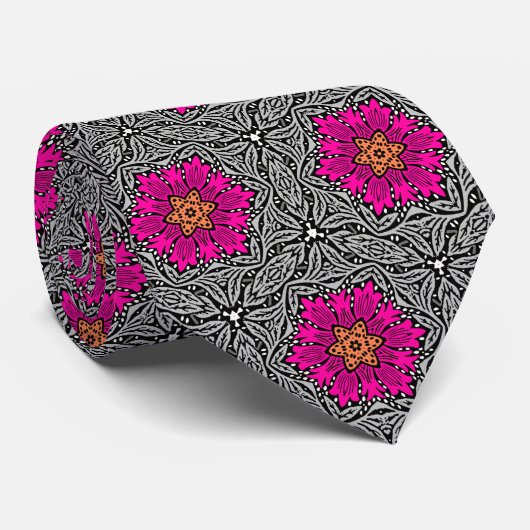 Geometrische bloemen - Fuchsia Pink en Grey Stropdas (Opgerold)