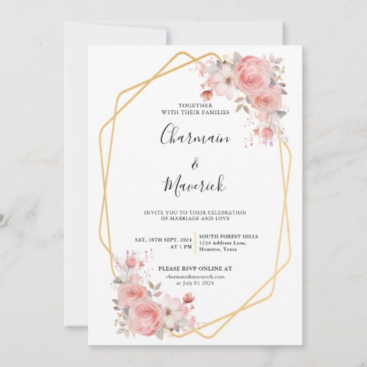 Geometrische Bloemen Roze Lijst bruiloft Kaart (Voorkant)