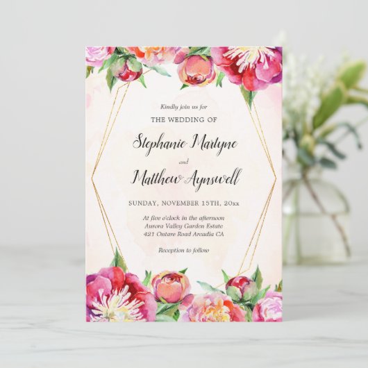Geometrische Bloemen Waterverf Koraal Pioen Bruilo Kaart (Staand voorkant)