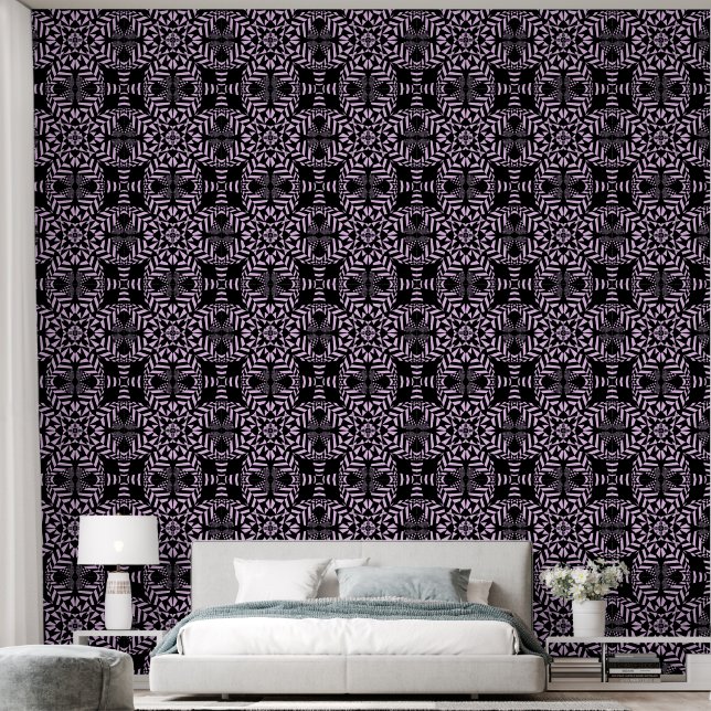 Geometrische bloemen zwart en roze behang (Slaapkamer)