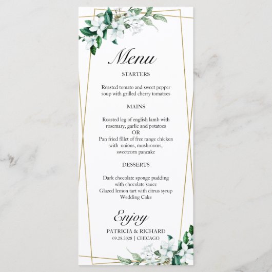 Geometrische bloemengroen Bruiloft Menu (Voorkant)