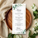 Geometrische bloemengroen Bruiloft Menu<br><div class="desc">Maak je klaar om in de ban te raken van onze prachtige gouden groene trouwsuite! Dit prachtige ontwerp is voorzien van een elegant geometrisch lijst dat prachtig is ingericht met delicate groene bladeren en bloemenillustraties. Met zijn moderne, chique kalligrafie is het de ideale touch voor uw betoverende bruiloft met een...</div>
