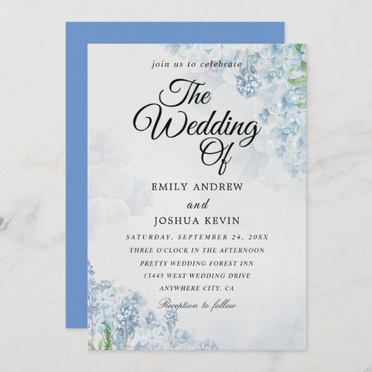 Geometrische bloemetjestrouwkaart met blauwe bloem kaart (Voorkant / Achterkant)