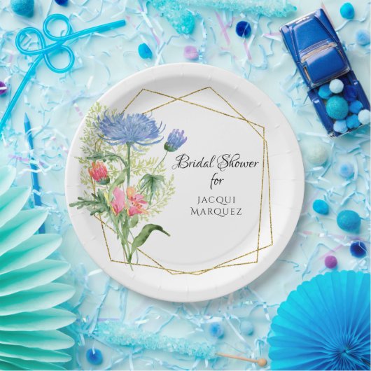 Geometrische bloemige bruidsshower Roze Blauwe Bot Papieren Bordje (Feest)