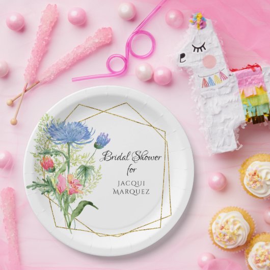 Geometrische bloemige bruidsshower Roze Blauwe Bot Papieren Bordje (Feest)