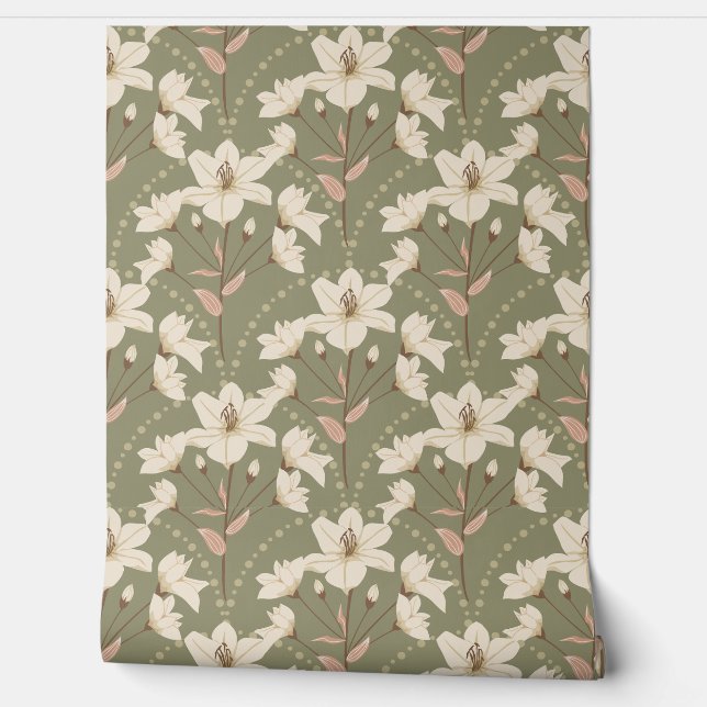 Geometrische bloemsalie groen beige lelie patroon behang (Afrollen)