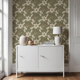 Geometrische bloemsalie groen beige lelie patroon behang
