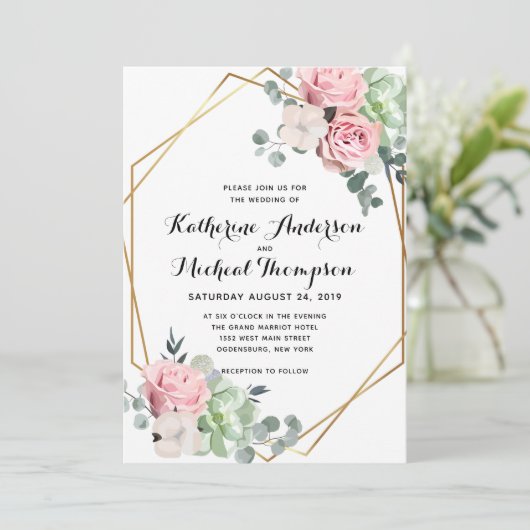 Geometrische Blush Bloemen Huwelijksuitnodiging Kaart (Staand voorkant)