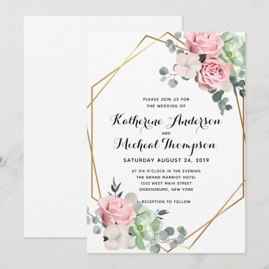 Geometrische Blush Bloemen Huwelijksuitnodiging Kaart (Voorkant / Achterkant)