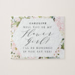 Geometrische Blush Bloemen Meisje Voorstel Legpuzzel<br><div class="desc">Een leuke manier om een meisje te vragen om je bloemenmeisje te zijn. Het ontwerp is voorzien van een geometrisch lijst met blozende bloemen,  samen met een verscheidenheid aan groen. Een mooie kalligrafie typografie maakt Bloemenmeisje" opvalt. Personaliseer uw gegevens met behulp van de sjabloon velden die worden verstrekt.</div>