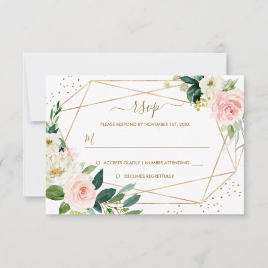 Geometrische Blush Gold Floral Gold Wedding RSVP (Voorkant)