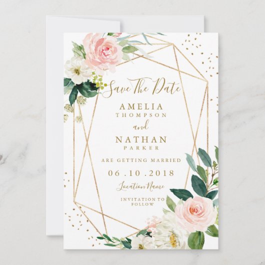 Geometrische Blush Gold Floral Save the Date Nodig (Voorkant)