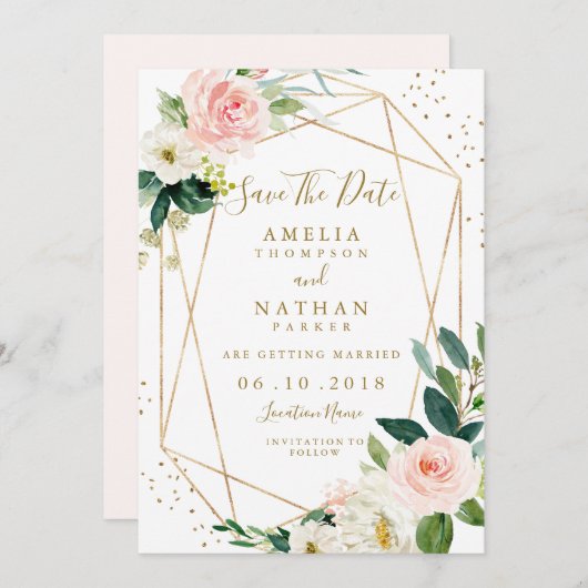 Geometrische Blush Gold Floral Save the Date Nodig (Voorkant / Achterkant)