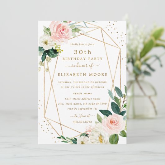 Geometrische Blush Gouden Bloemen 30e Verjaardag U Kaart (Staand voorkant)