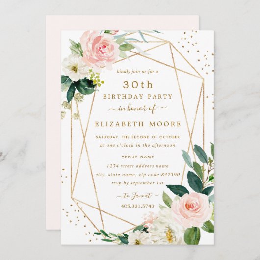 Geometrische Blush Gouden Bloemen 30e Verjaardag U Kaart (Voorkant / Achterkant)