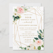 Geometrische Blush Gouden Bloemen 90ste Verjaardag Kaart (Voorkant)