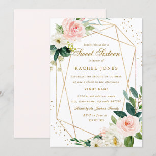 Geometrische Blush Gouden Bloemige Sweet Sixteen U Kaart