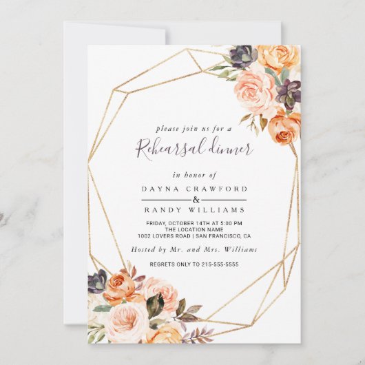 Geometrische Blush Paarse Bloemen repetitie Diner Kaart (Voorkant)