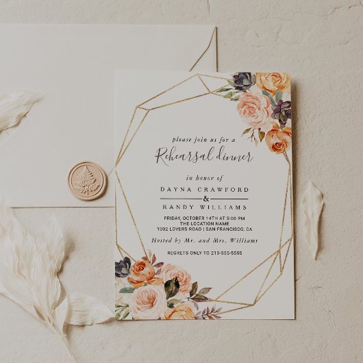 Geometrische Blush Paarse Bloemen repetitie Diner Kaart