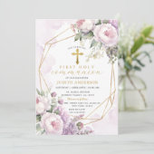 Geometrische Blush Roze Rozen Eerste Heilige Commu Kaart (Staand voorkant)