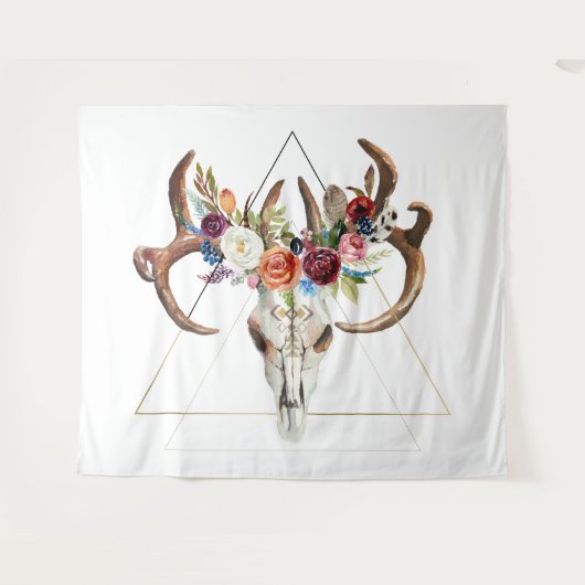 Geometrische boho bloemenstier schedel wandkleed (Voorkant (horizontaal))