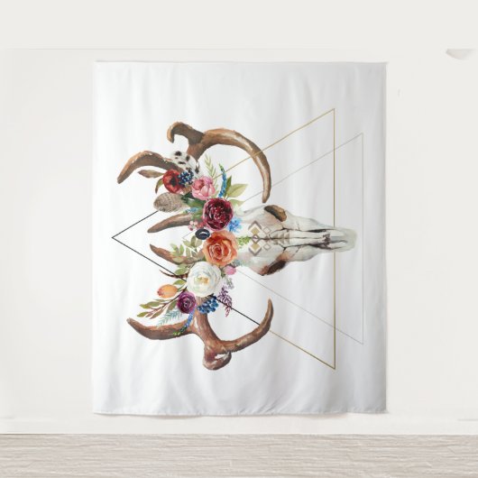 Geometrische boho bloemenstier schedel wandkleed (Voorkant)