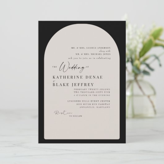 Geometrische boog zwart & crème bruiloft kaart (Staand voorkant)