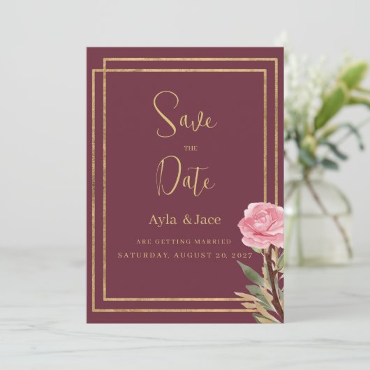 Geometrische bordeaux gouden roze bloem Save the D Kaart (Staand voorkant)