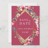 Geometrische bordeauxmunt gouden bloem Save the Da Kaart (Voorkant)