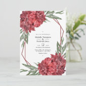 Geometrische bordeauxrode en witte bloemige bruilo kaart (Staand voorkant)