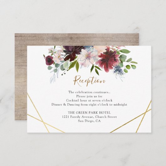 Geometrische bordeauxrode marine bloemige trouwrec informatiekaartje (Voorkant / Achterkant)