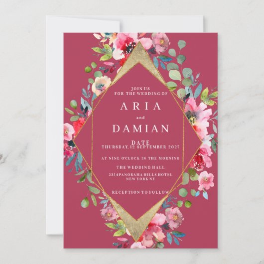 Geometrische bordeauxrode munt goud bloemen bruilo kaart (Voorkant)