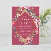 Geometrische bordeauxrode munt goud bloemen bruilo kaart (Staand voorkant)