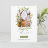 Geometrische bos groen bruiloft foto collage bedankkaart (Staand voorkant)