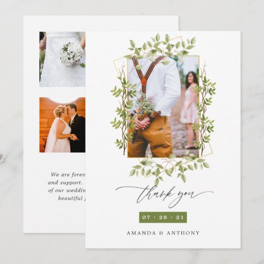 Geometrische bos groen bruiloft foto collage bedankkaart (Voorkant / Achterkant)