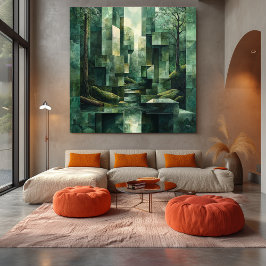 Geometrische bosscène in tinten groen Abstract Canvas Afdruk