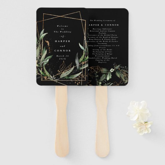 Geometrische botanische Eucalyptus Black Premium Handwaaier (Voorkant en achterkant)