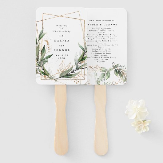 Geometrische botanische Eucalyptus Golden Greenery Handwaaier (Voorkant en achterkant)