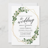 Geometrische botanische groene Eucalyptusbruiloft Kaart (Voorkant)