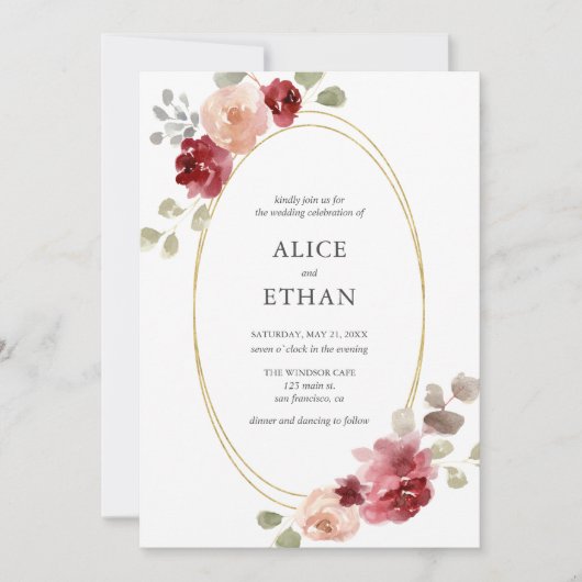 Geometrische Bourgogne Bloem Groen Bruiloft Kaart (Voorkant)