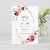 Geometrische Bourgogne Bloem Groen Bruiloft Kaart (Staand voorkant)