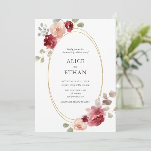 Geometrische Bourgogne Bloem Groen Bruiloft Kaart (Staand voorkant)