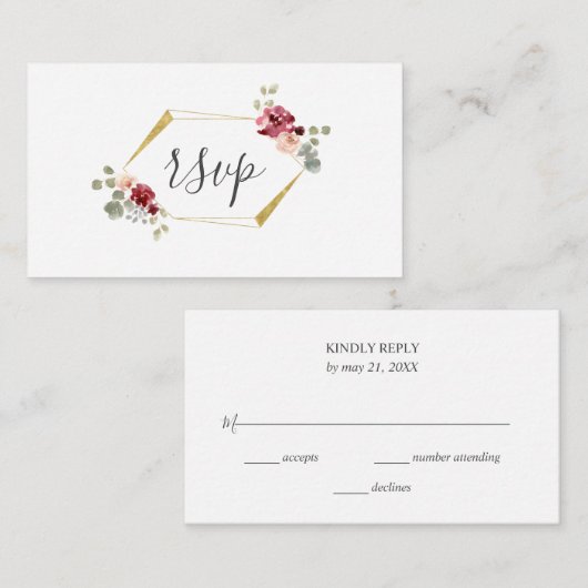 Geometrische Bourgogne Bloem Groen Bruiloft RSVP Informatiekaartje (Voorkant / Achterkant)