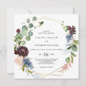 Geometrische Bourgogne Bloemen en groen Bruiloft Kaart (Voorkant)