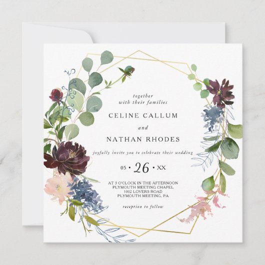 Geometrische Bourgogne Bloemen en groen Bruiloft Kaart (Voorkant)