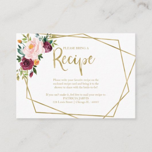 Geometrische Bourgogne Blush Bloemen Recept Verzoe Informatiekaartje (Voorkant)