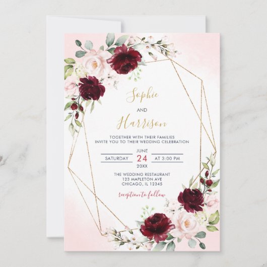 Geometrische Bourgogne en Blush Floral Wedding Kaart (Voorkant)